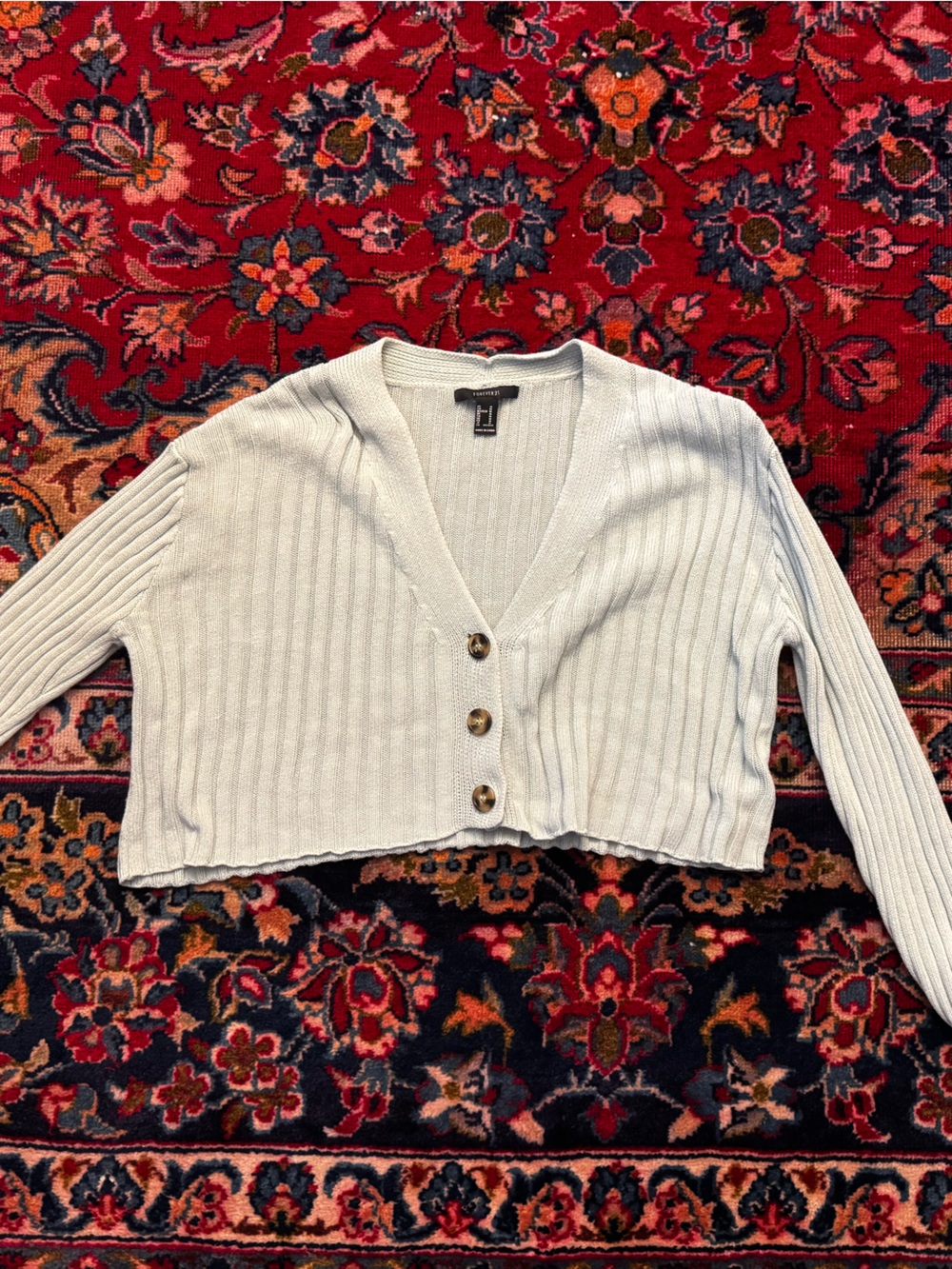Forever 21 Cream Ribbed Cropped V-Neck Cardigan
